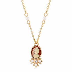 1928 Jewelry Faux Pearl Cameo Pendant Necklace 16"   3" Extender
