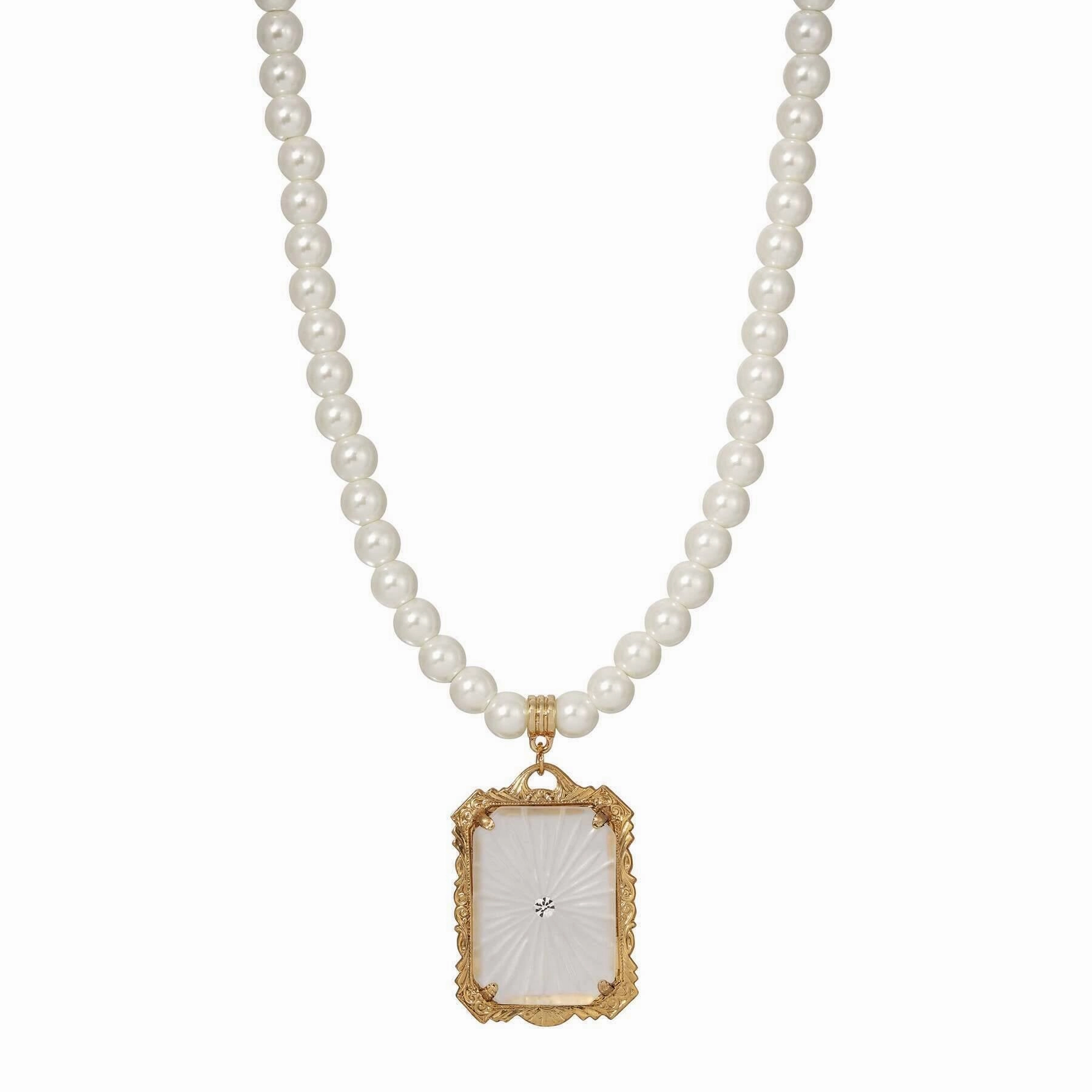 1928 Jewelry Frosted Lalique Glass Pendant 6mm Faux Pearl Strand Necklace 16"   3" Extender