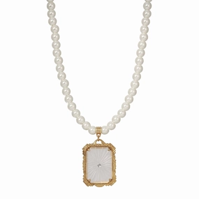 1928 Jewelry Frosted Lalique Glass Pendant 6mm Faux Pearl Strand Necklace 16"   3" Extender