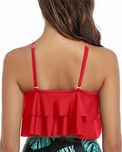 Adjustable Bra Style Ruffled Swimsuit Tank Top For Women-Red