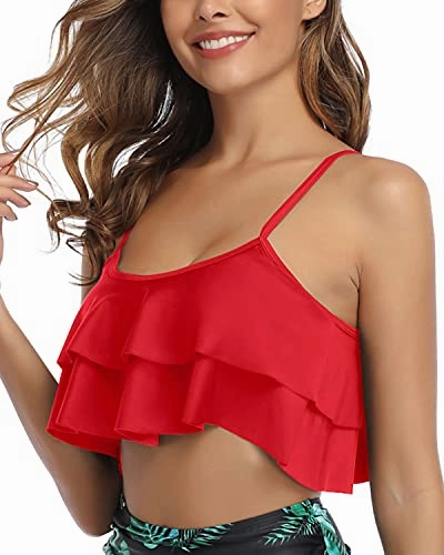 Adjustable Bra Style Ruffled Swimsuit Tank Top For Women-Red
