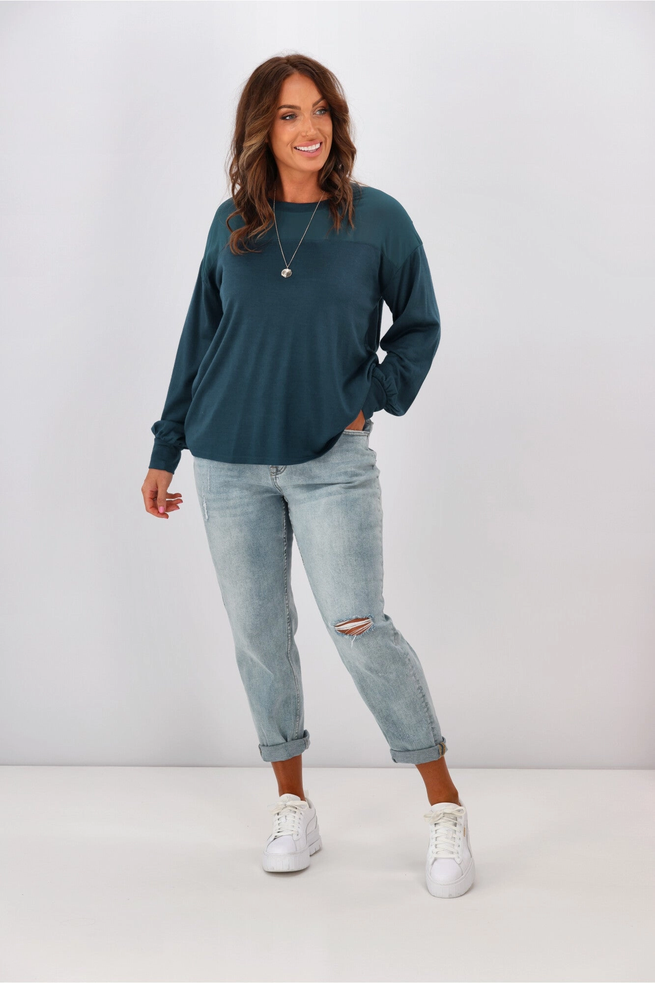 Alpine by Shine On Fleur  Chiffon Yoke Merino Top Teal