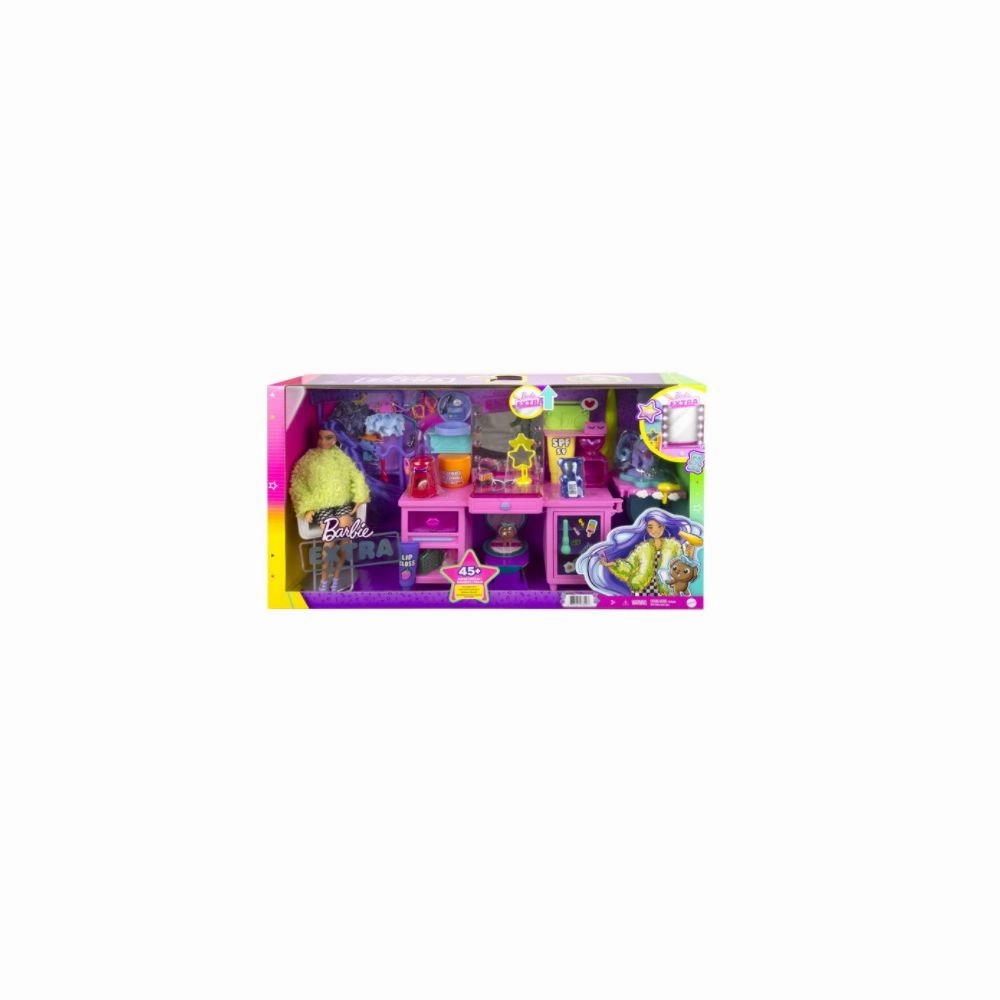 Barbie GYJ70 Extra Doll & Vanity Playset With Exclusive Doll, Pet Puppy, Vanity & 45 Pieces