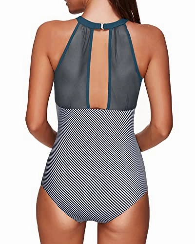Charming Push-Up One Piece Swimsuit Neck Hook For Women-Teal Stripe