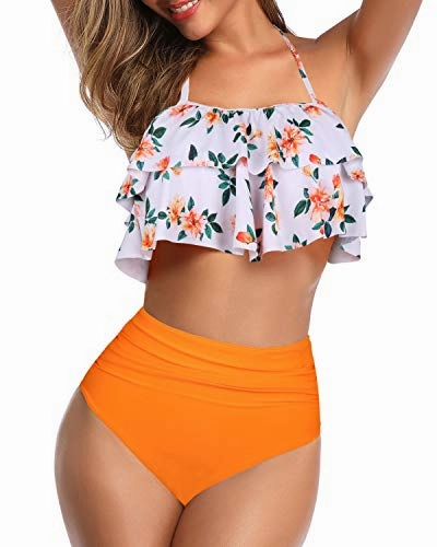 Chic Halter Bathing Suits Tummy Control Bottoms For Women-Orange Floral