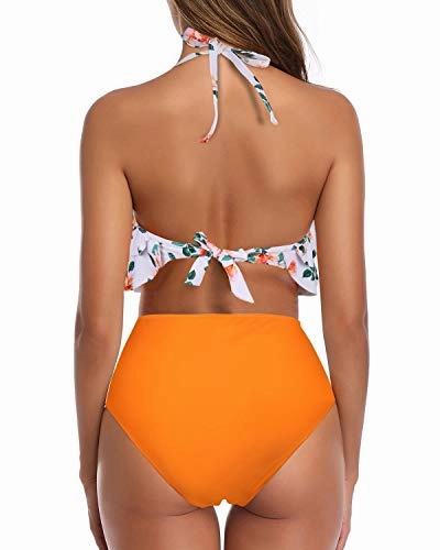 Chic Halter Bathing Suits Tummy Control Bottoms For Women-Orange Floral