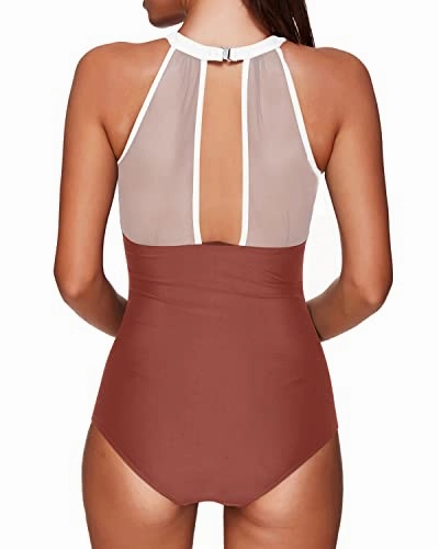 Chic High Neck Mesh Monokini Women One Piece Swimsuit-Whtie Yellow Brown