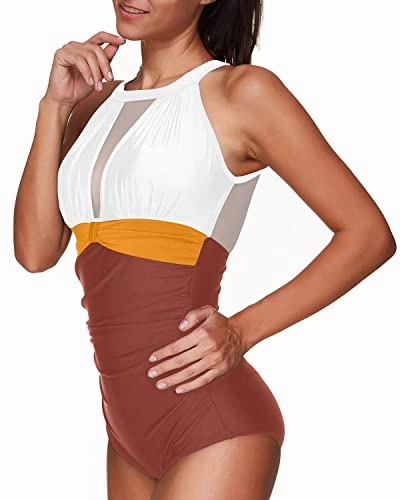 Chic High Neck Mesh Monokini Women One Piece Swimsuit-Whtie Yellow Brown