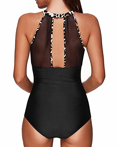 Flattering High Neck Push-Up Monokini Swimsuit For Women-Black And Leopard
