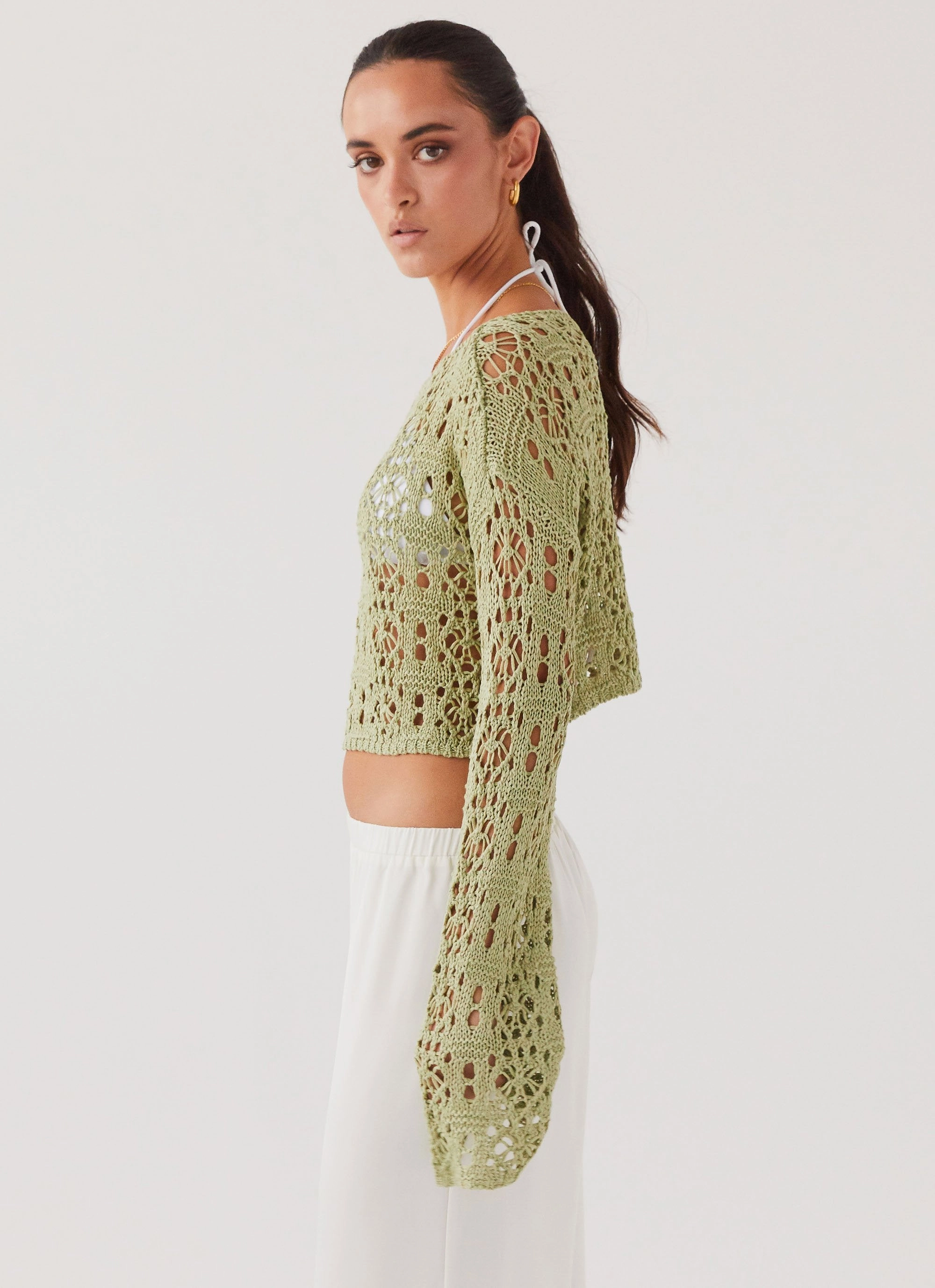 Free Mind Crochet Long Sleeve Top - Light Olive
