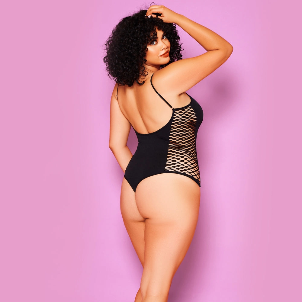 Glitter Attention Lover Seamless Fishnet Panel Teddy - Curvy