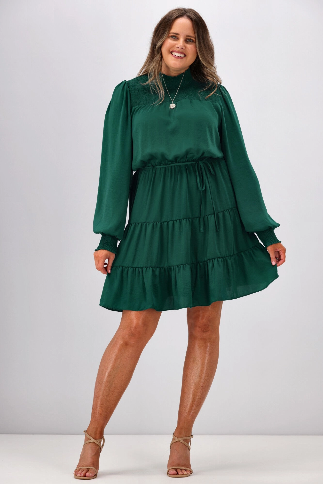 Gloss by Shine On Mandy Long Sleeve Tiered Dress Jade