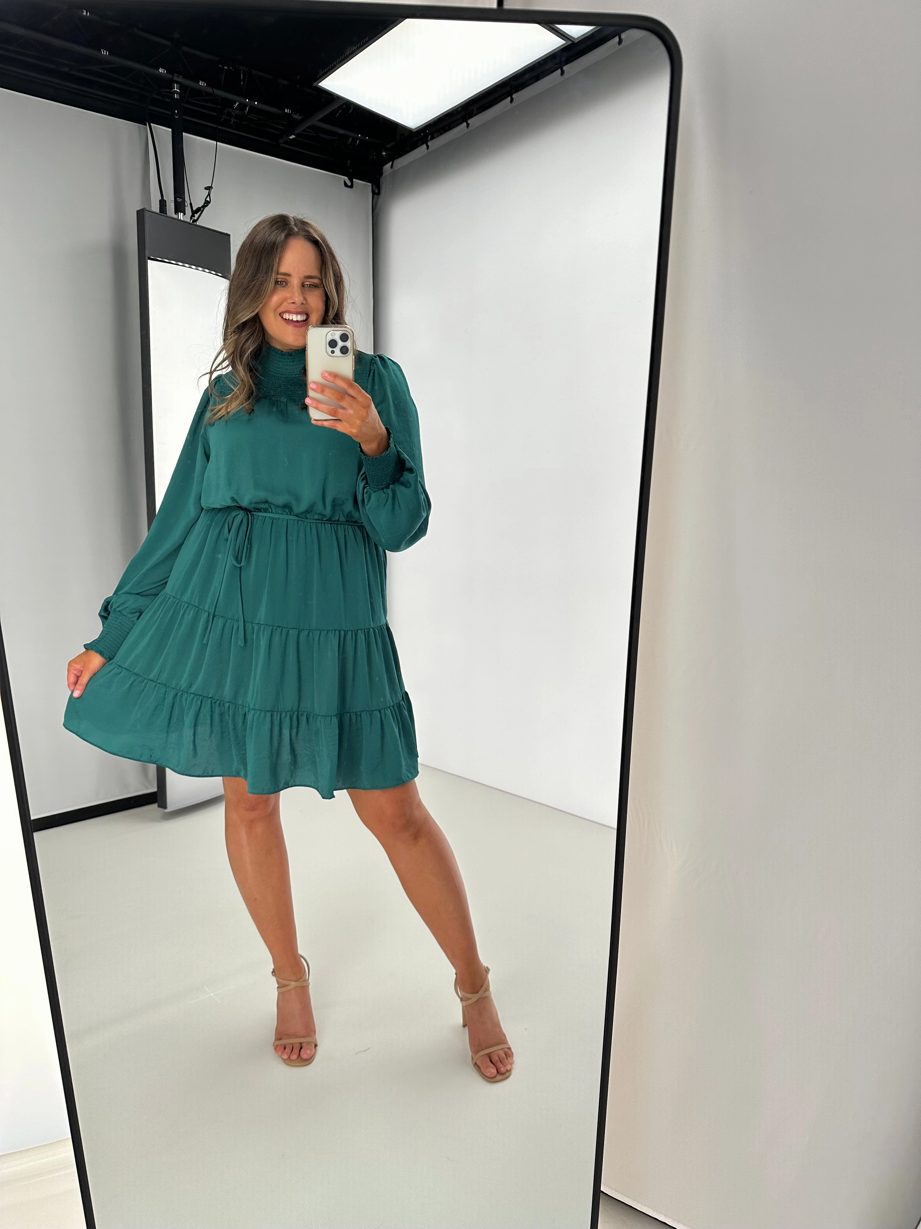 Gloss by Shine On Mandy Long Sleeve Tiered Dress Jade