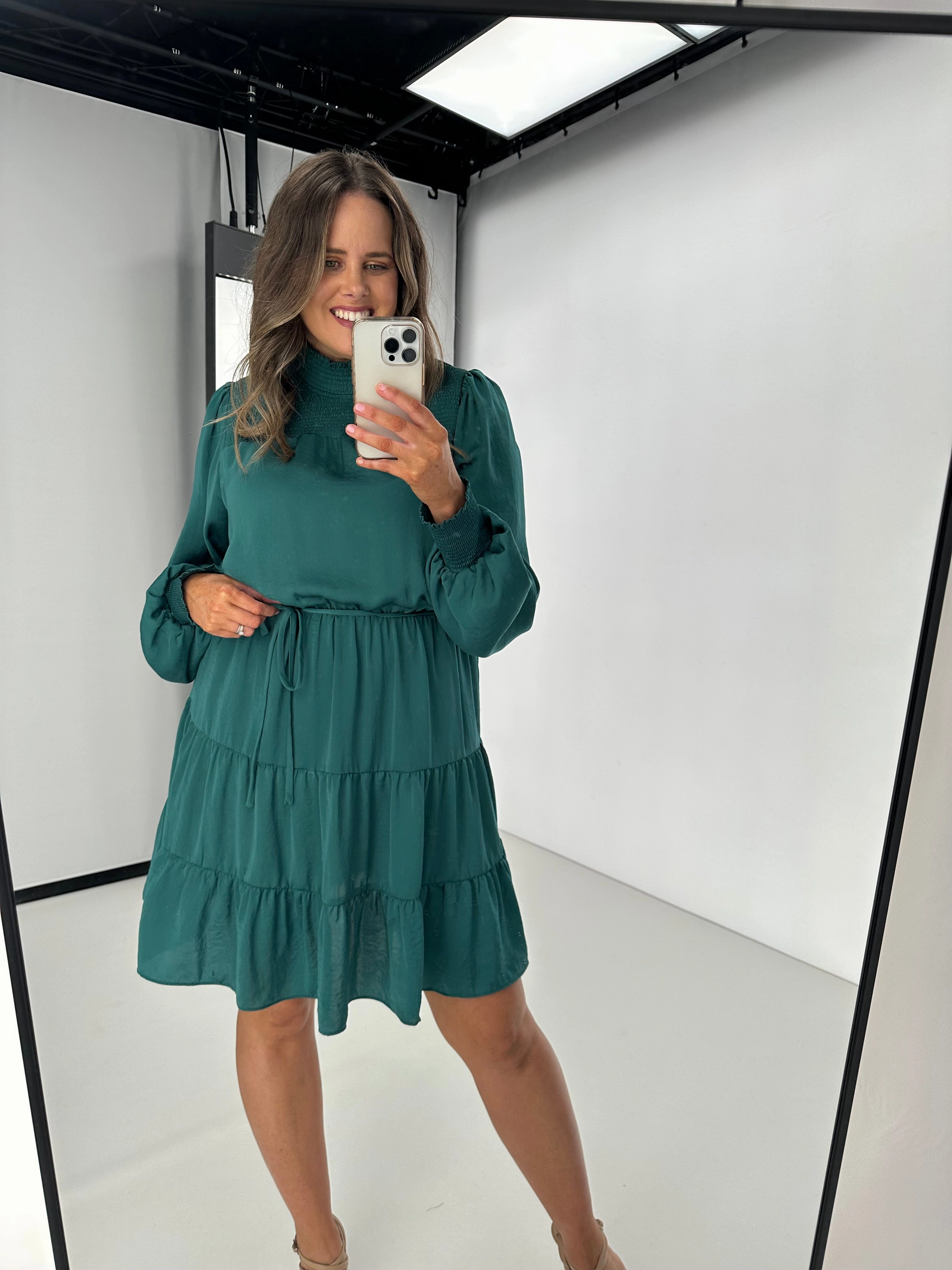 Gloss by Shine On Mandy Long Sleeve Tiered Dress Jade