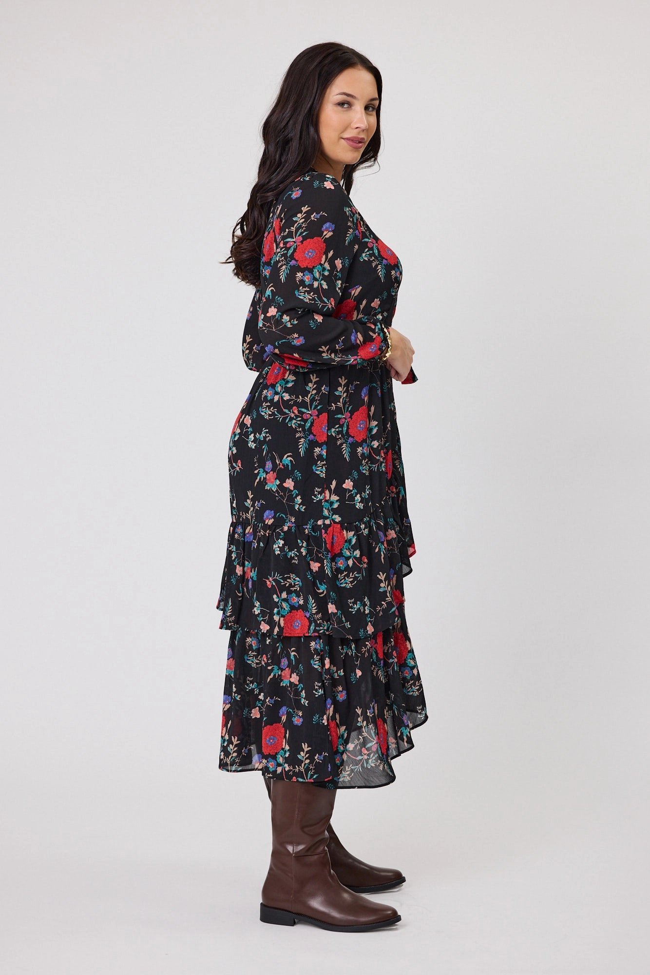 Gloss The Label Peta Ruffle Mock Wrap Dress Rosetta Print