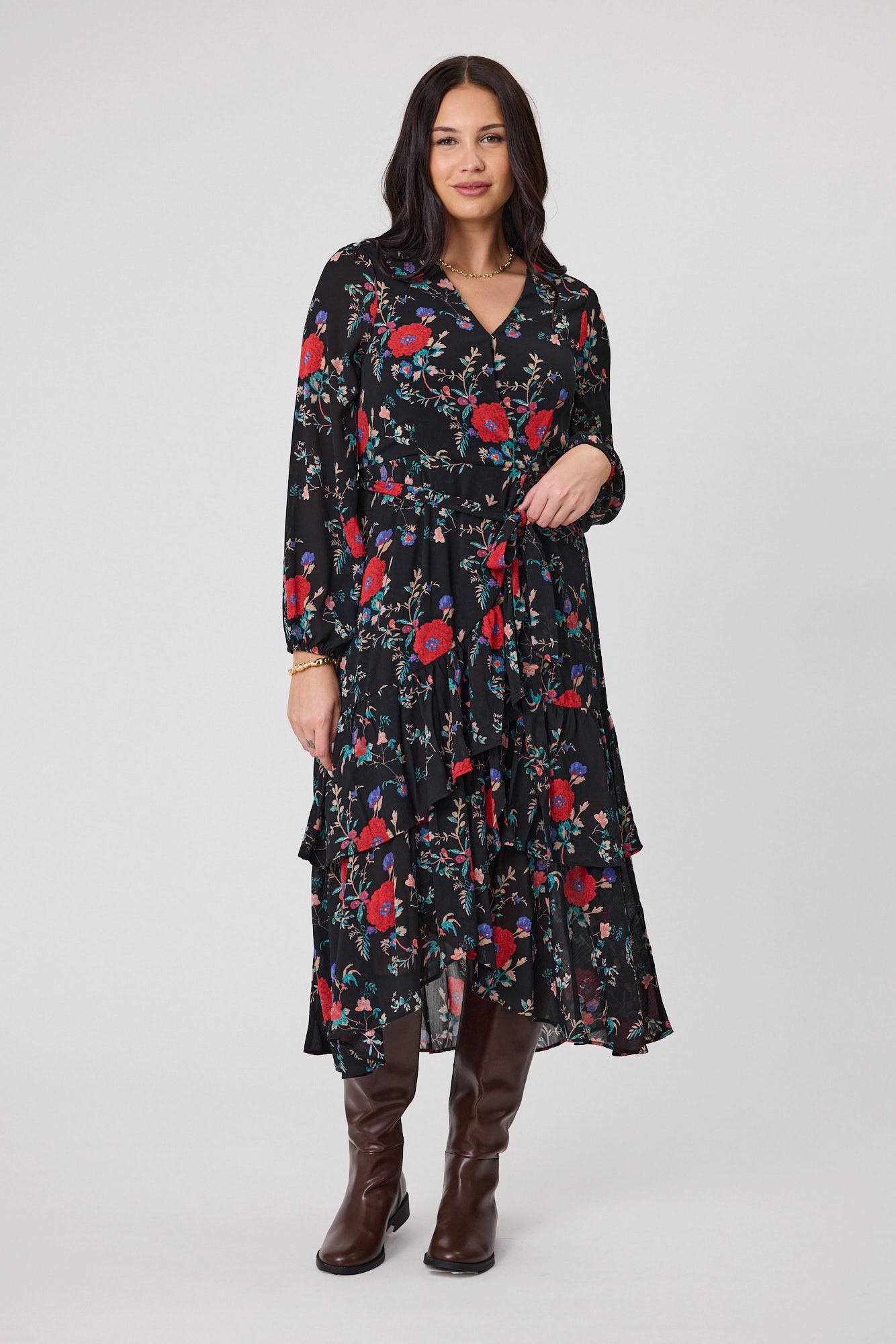 Gloss The Label Peta Ruffle Mock Wrap Dress Rosetta Print