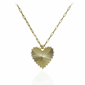 Gold Plated Ridged Large Diamond-Cut Heart Necklace With Paperclip Chain