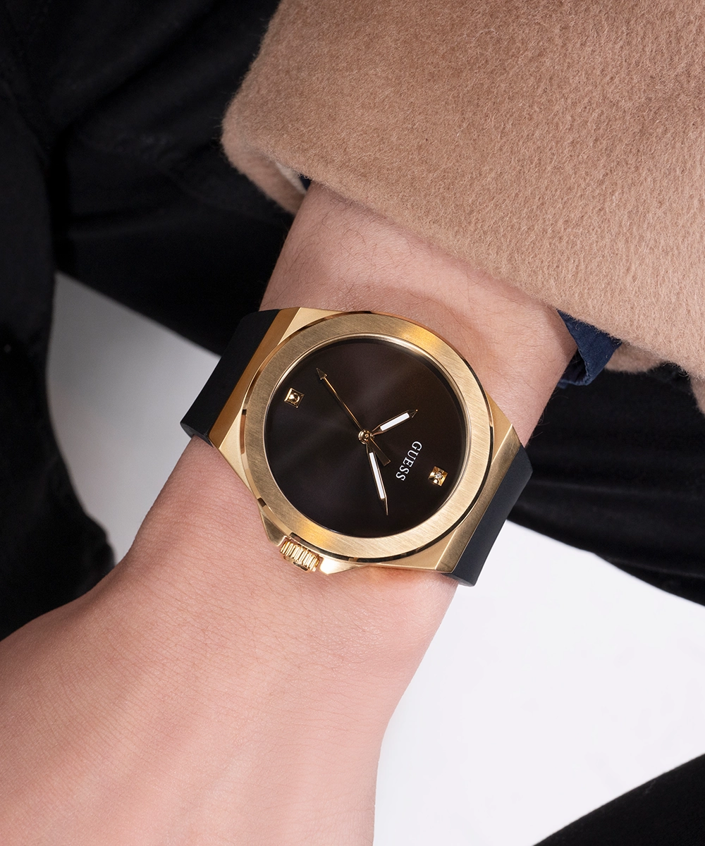 GUESS Mens Black Gold Tone Analog Watch