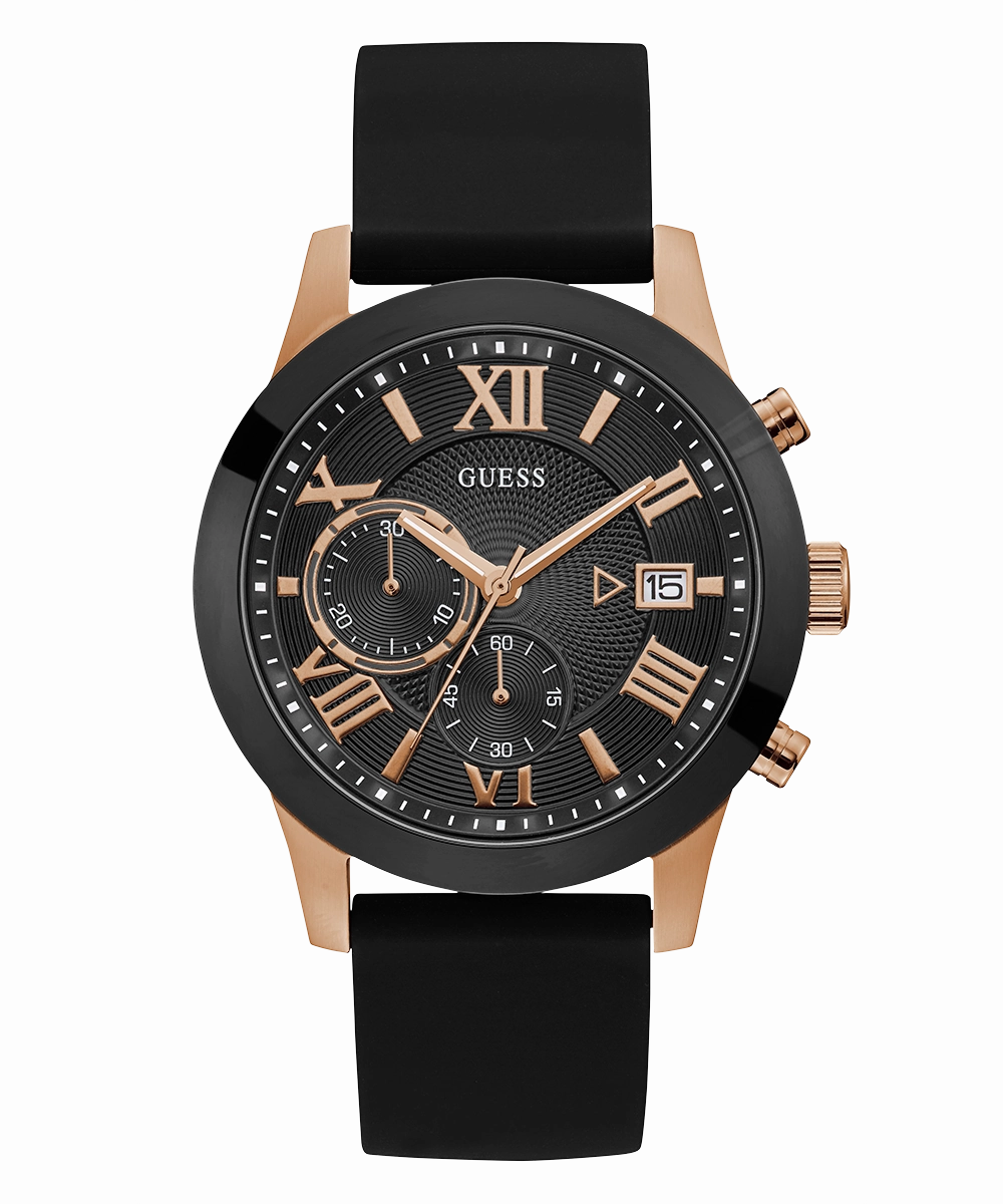 GUESS Mens Black Rose Gold Tone Chronograph Watch
