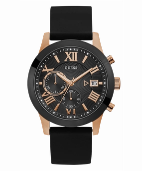 GUESS Mens Black Rose Gold Tone Chronograph Watch