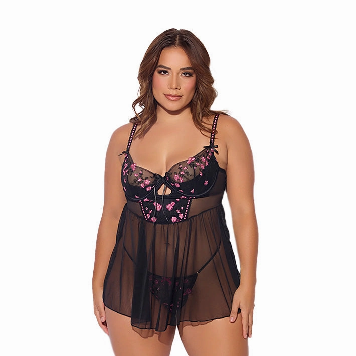 Harper Embroidered Mesh Drop Waist Babydoll & G-String