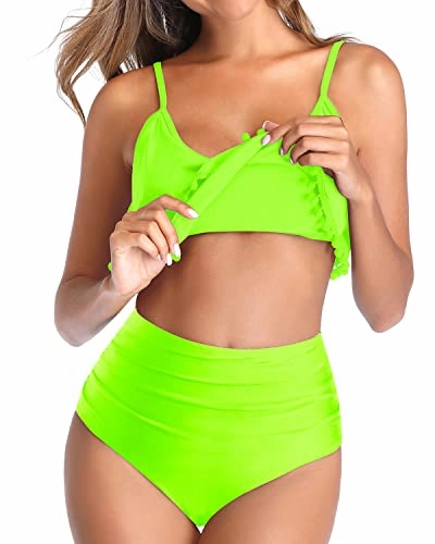High Waisted Bikini Great Tummy Control Ruffle Swimsuit For Women-Neon Green
