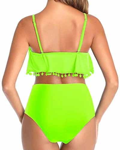 High Waisted Bikini Great Tummy Control Ruffle Swimsuit For Women-Neon Green