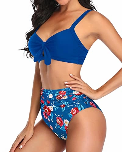 High Waisted Tummy Control Two Piece Bathing Suits For Women Bikini-Blue Floral