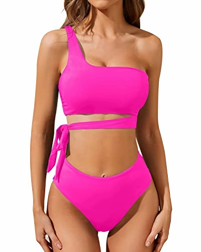 High Waisted Two Piece Bathing Suit Tie Bikini Set-Neon Pink