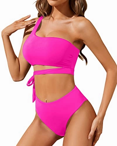 High Waisted Two Piece Bathing Suit Tie Bikini Set-Neon Pink