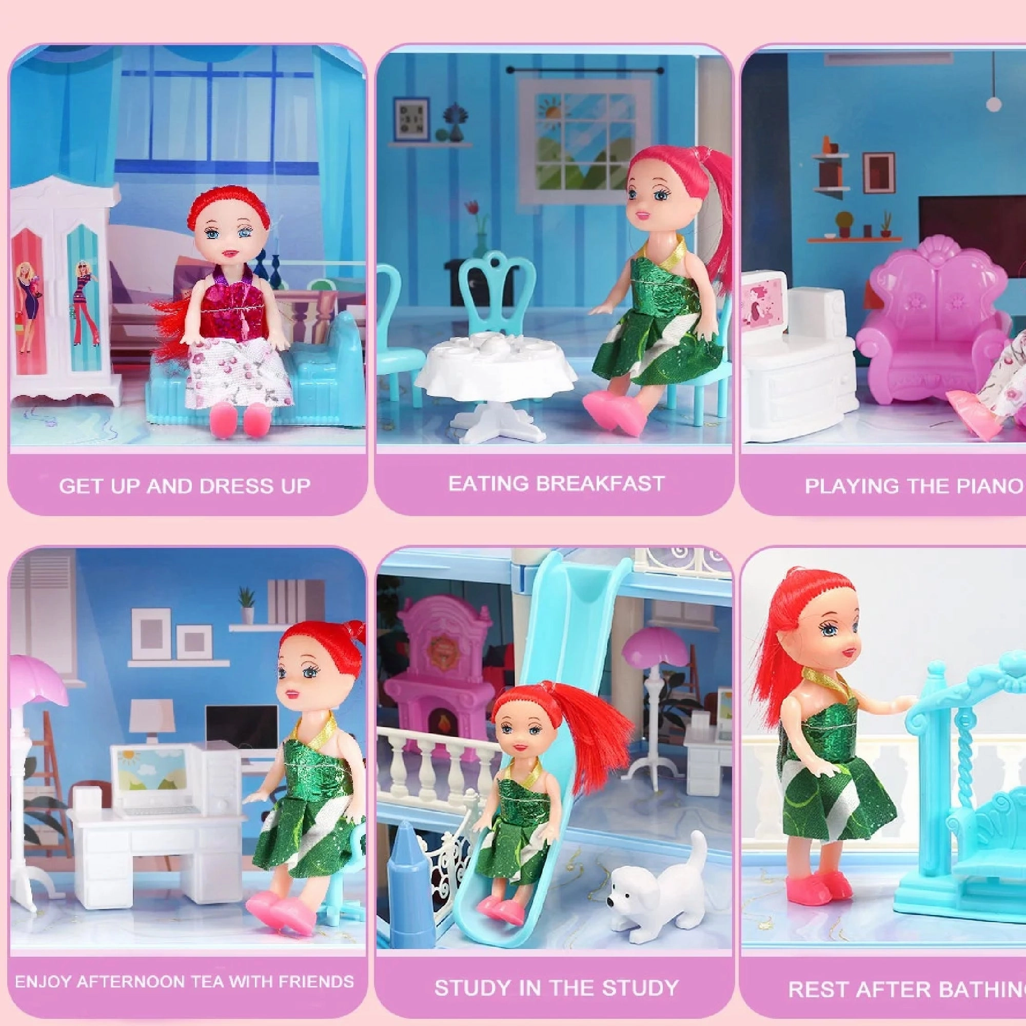 JoyStone Dollhouse with Colorful Light, 14 Rooms DIY Playhouse, Kids Dollhouse with 2 Dolls, Creative Gift for Girls, Blue
