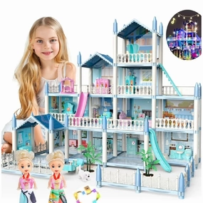 JoyStone Dollhouse with Colorful Light, 14 Rooms DIY Playhouse, Kids Dollhouse with 2 Dolls, Creative Gift for Girls, Blue