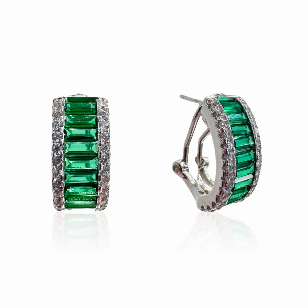 Large Huggie Earrings With Wide Colored Baguette Stones & CZ Border - Multiple Colors Available