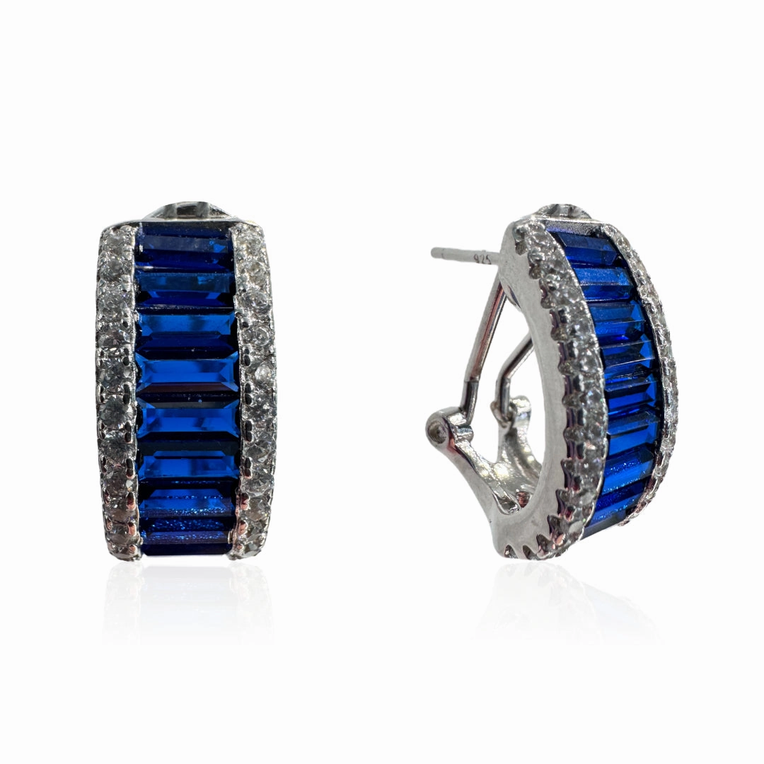 Large Huggie Earrings With Wide Colored Baguette Stones & CZ Border - Multiple Colors Available