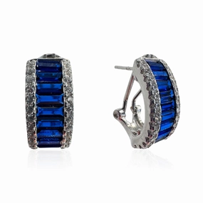Large Huggie Earrings With Wide Colored Baguette Stones & CZ Border - Multiple Colors Available