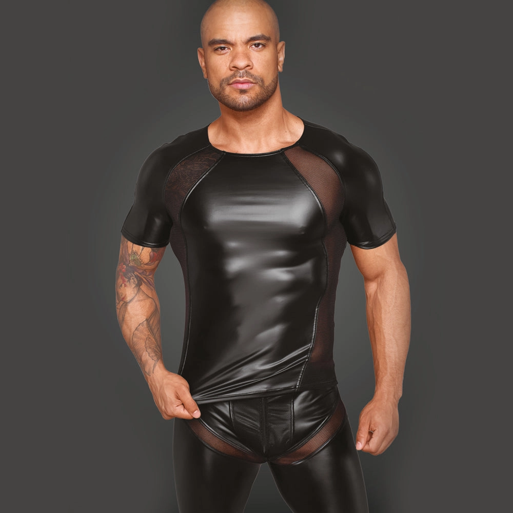 Noir Handmade Powerwetlook T-Shirt With Net Inserts