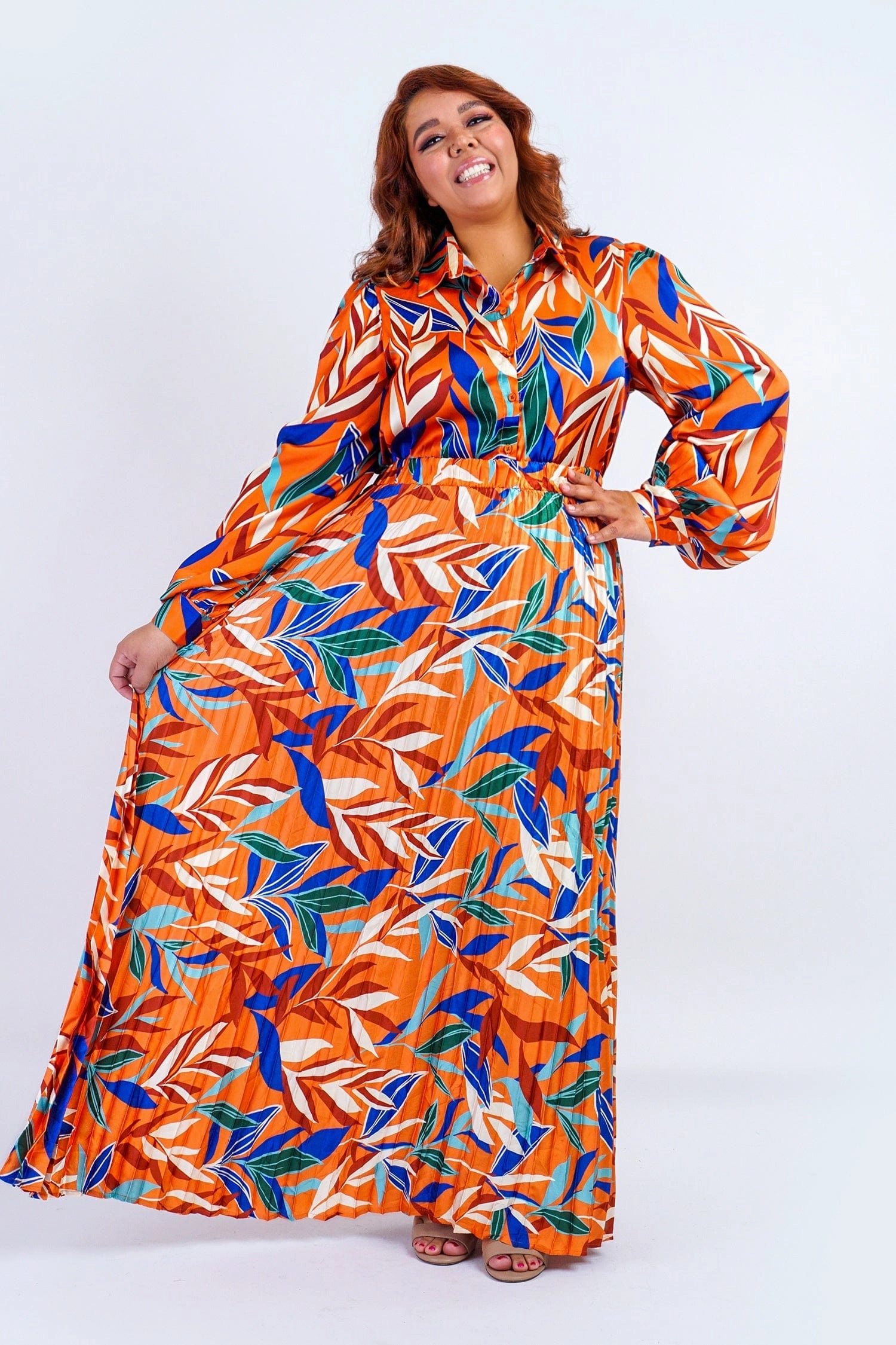 Plus Rust Multicolor Leaf Print Satin Pleated Skirt