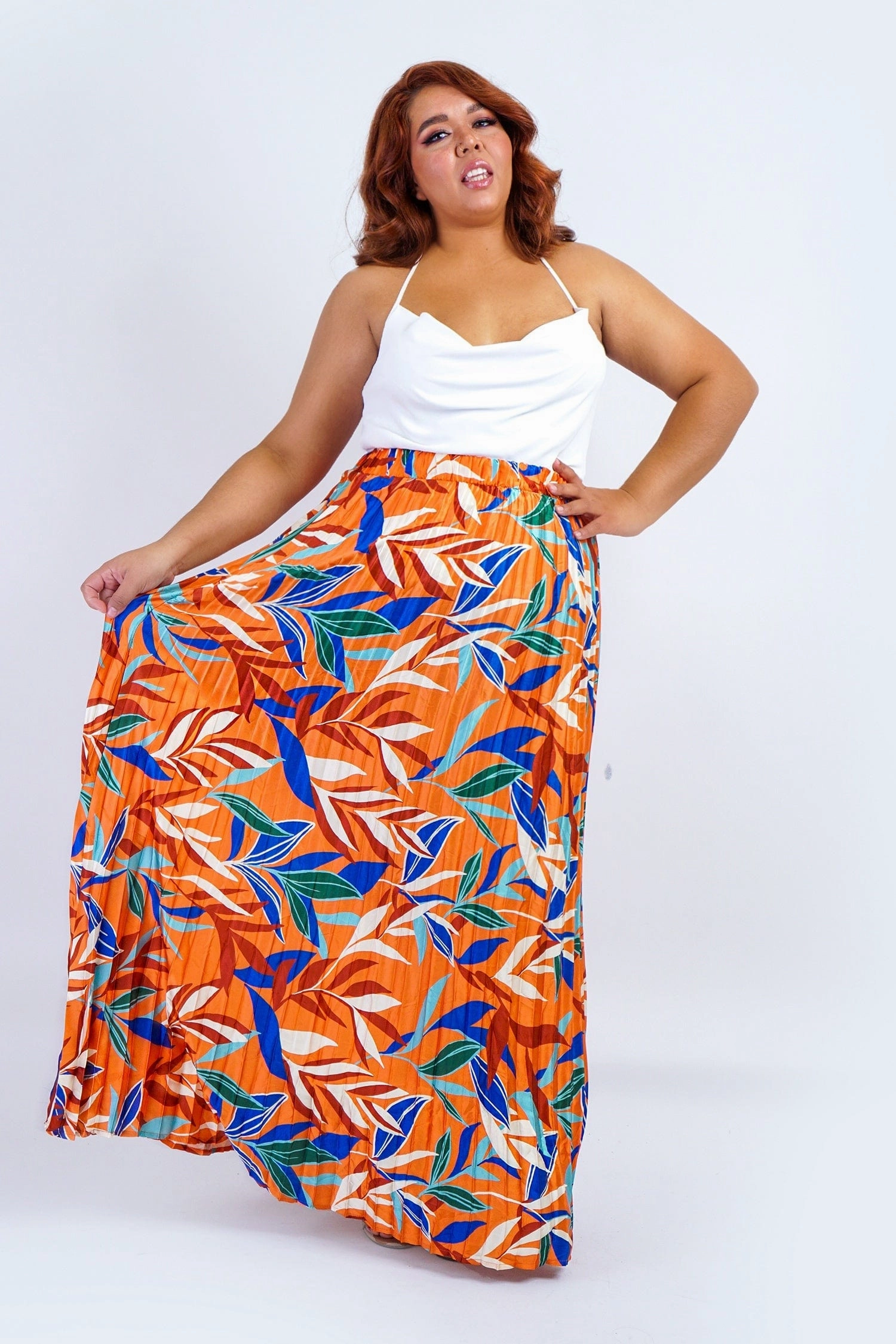 Plus Rust Multicolor Leaf Print Satin Pleated Skirt