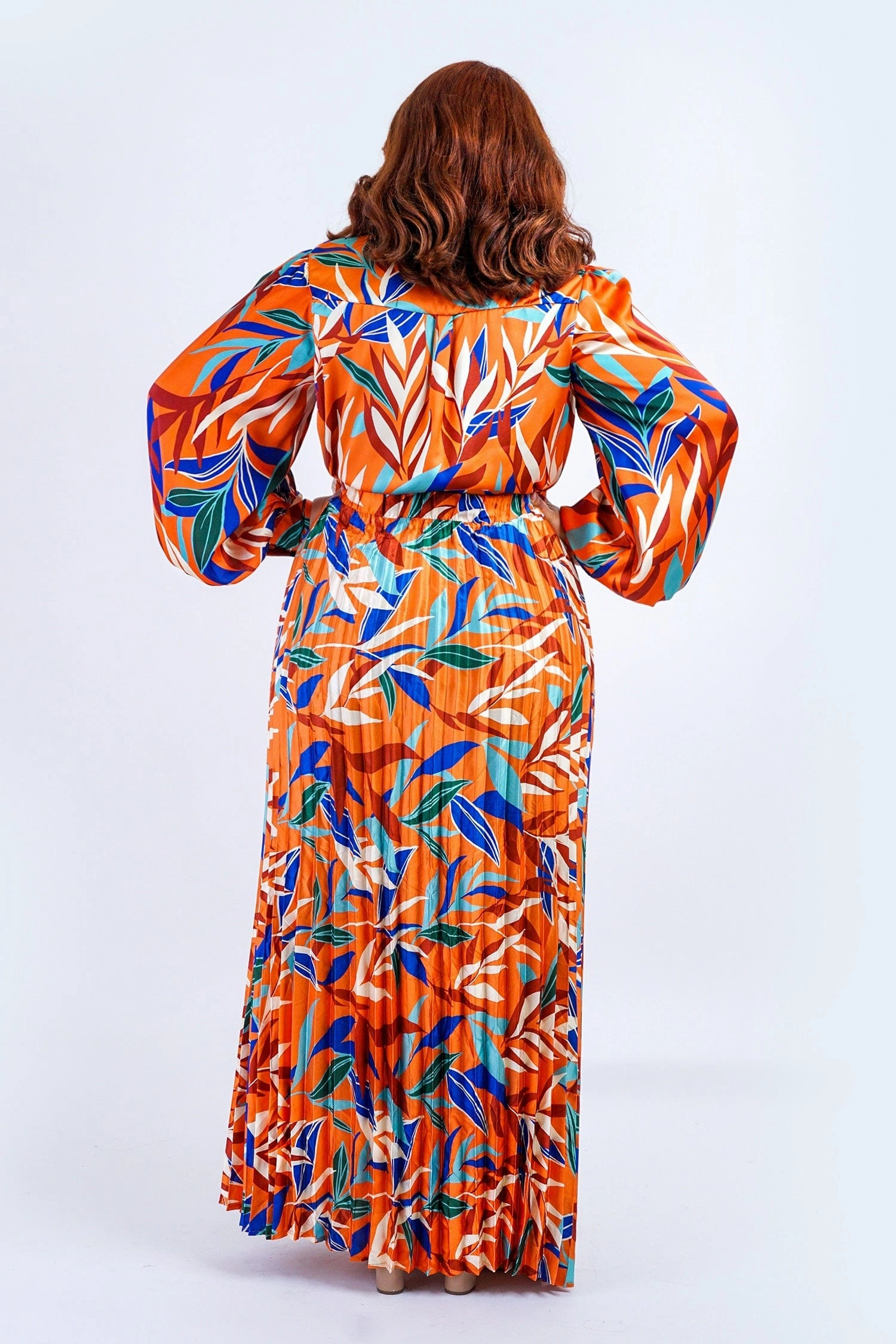 Plus Rust Multicolor Leaf Print Satin Pleated Skirt