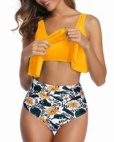 Removable Padded Women Ruffled Flounce Bikini Swimsuit-Yellow Floral