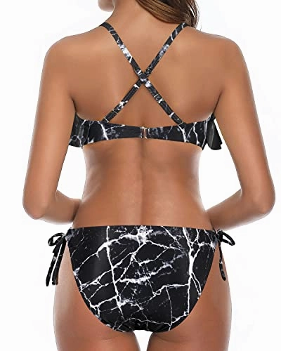 Ruffled Flounce Bikini Top Women Cross Back Bathing Suit-Black Marble