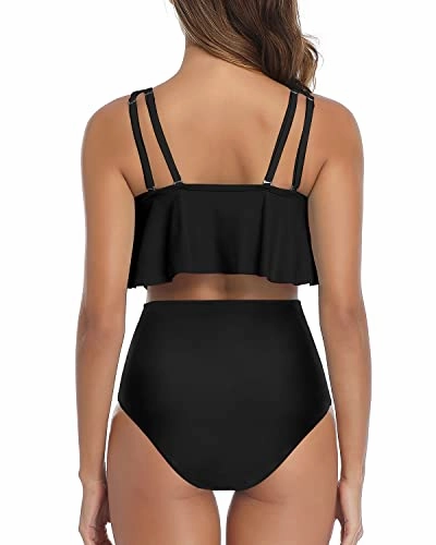 Ruffled Flounce Top High Waisted Ruched Bottom Two Piece Bikini For Women-Black