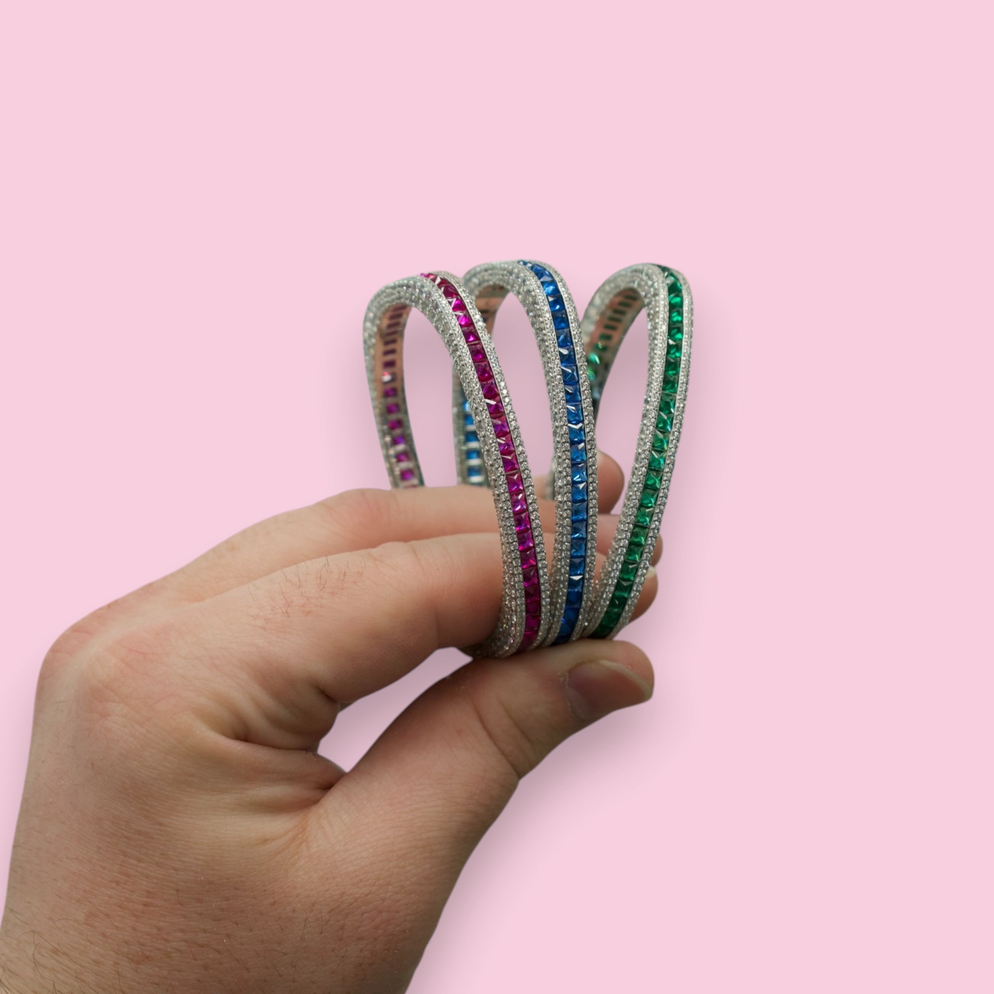 Silver Square Bangle with Wraparound CZs and Square-Cut Colored Stones in the Middle Row - Choose your Color