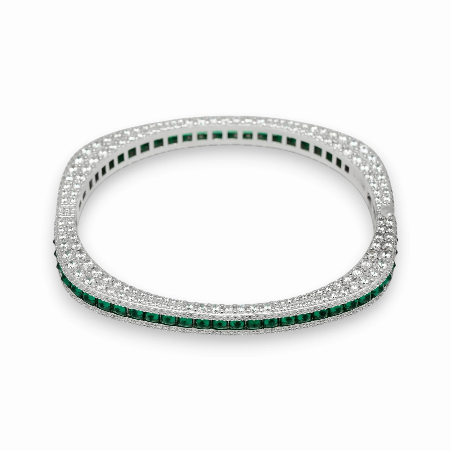 Silver Square Bangle with Wraparound CZs and Square-Cut Colored Stones in the Middle Row - Choose your Color
