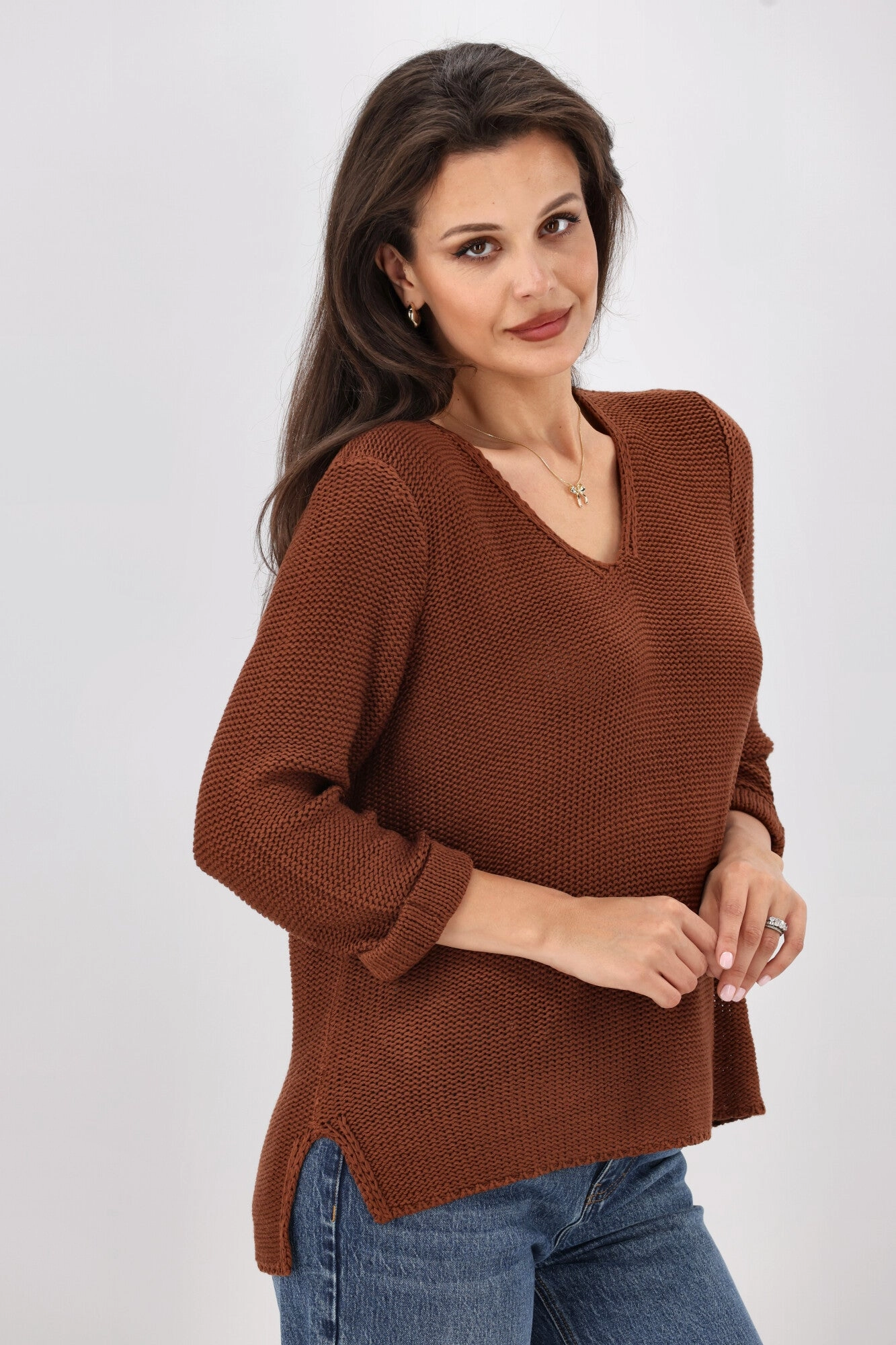 Silver Wishes Roll Up Sleeve Knit Top Brown