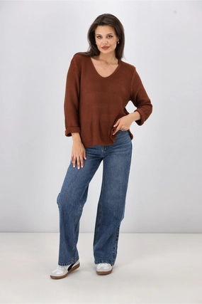 Silver Wishes Roll Up Sleeve Knit Top Brown