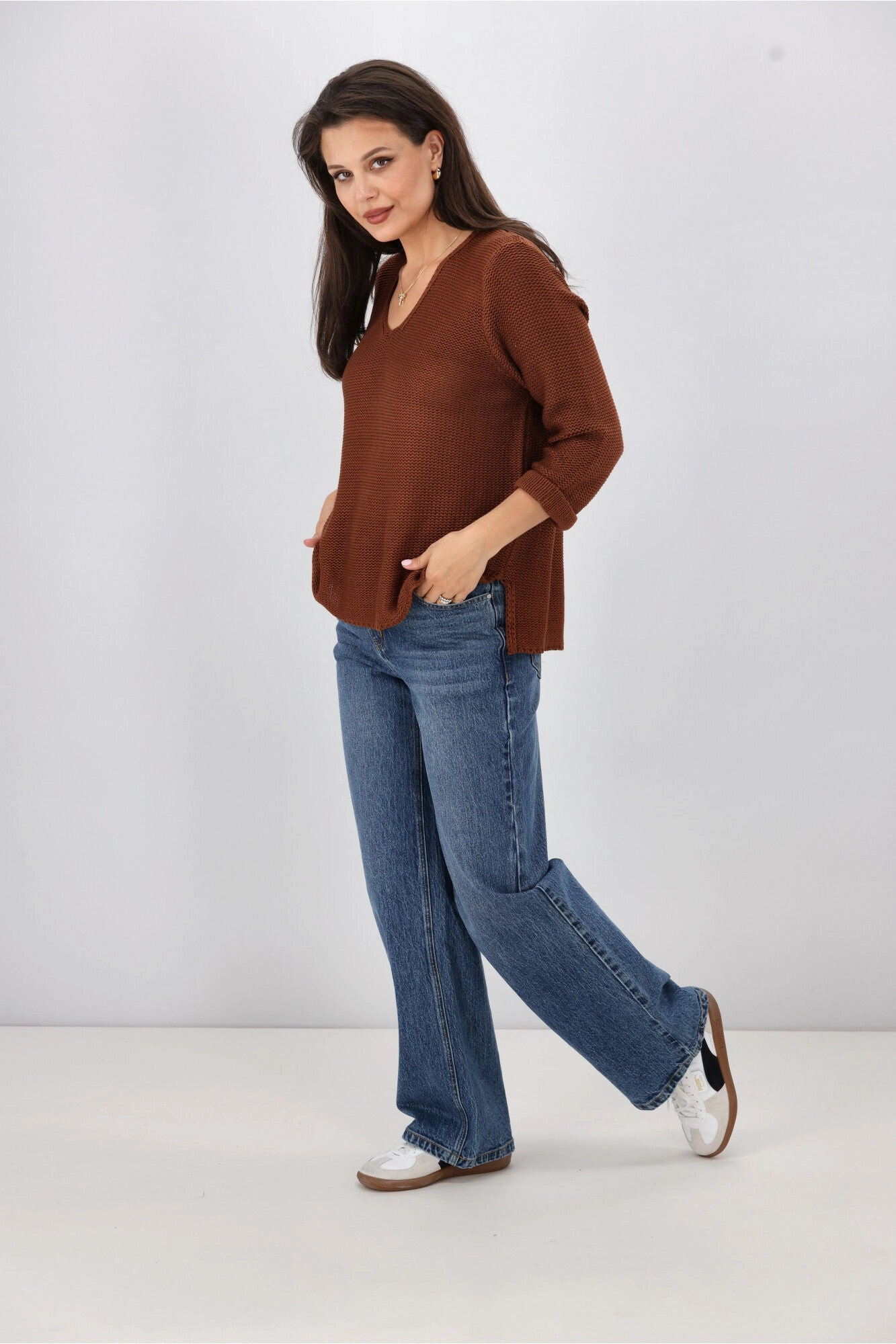 Silver Wishes Roll Up Sleeve Knit Top Brown