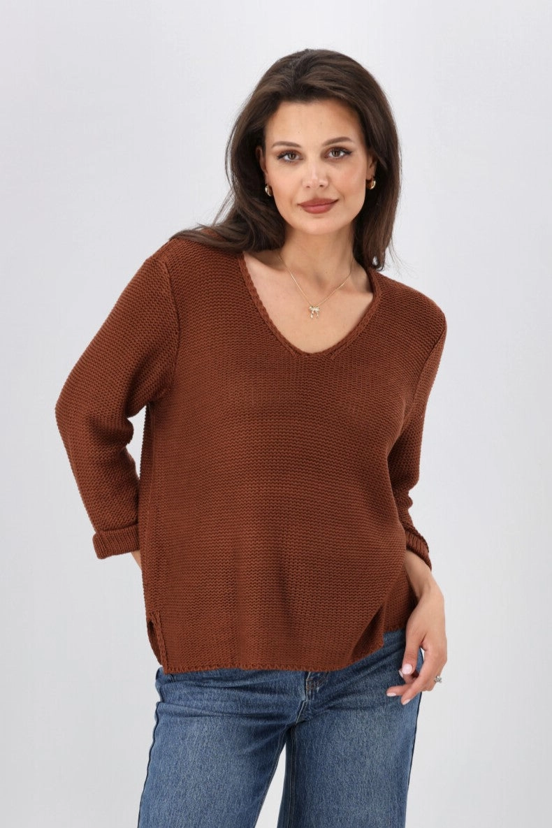 Silver Wishes Roll Up Sleeve Knit Top Brown