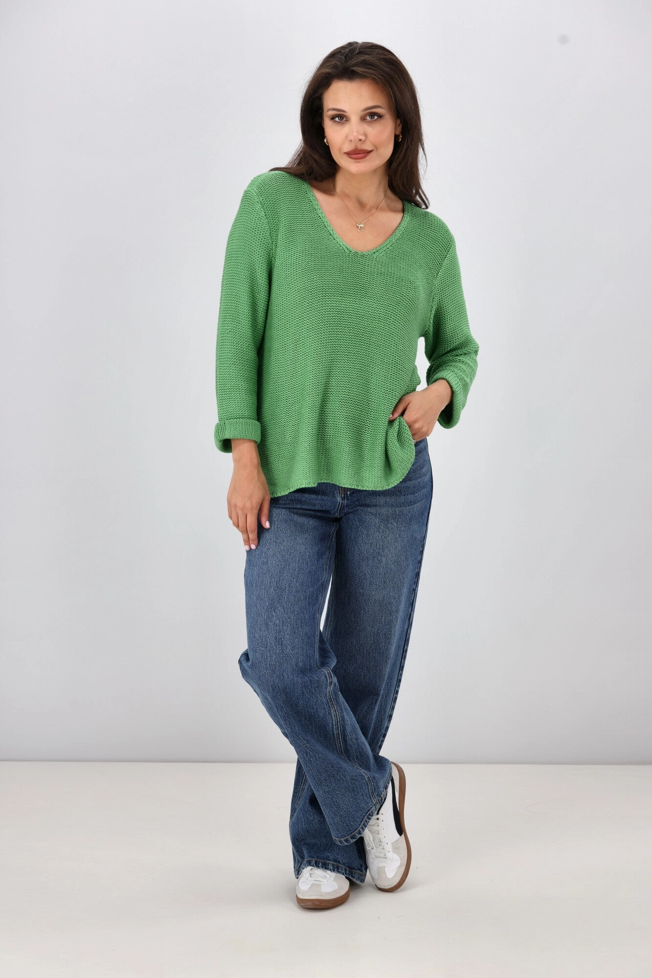 Silver Wishes Roll Up Sleeve Knit Top Green