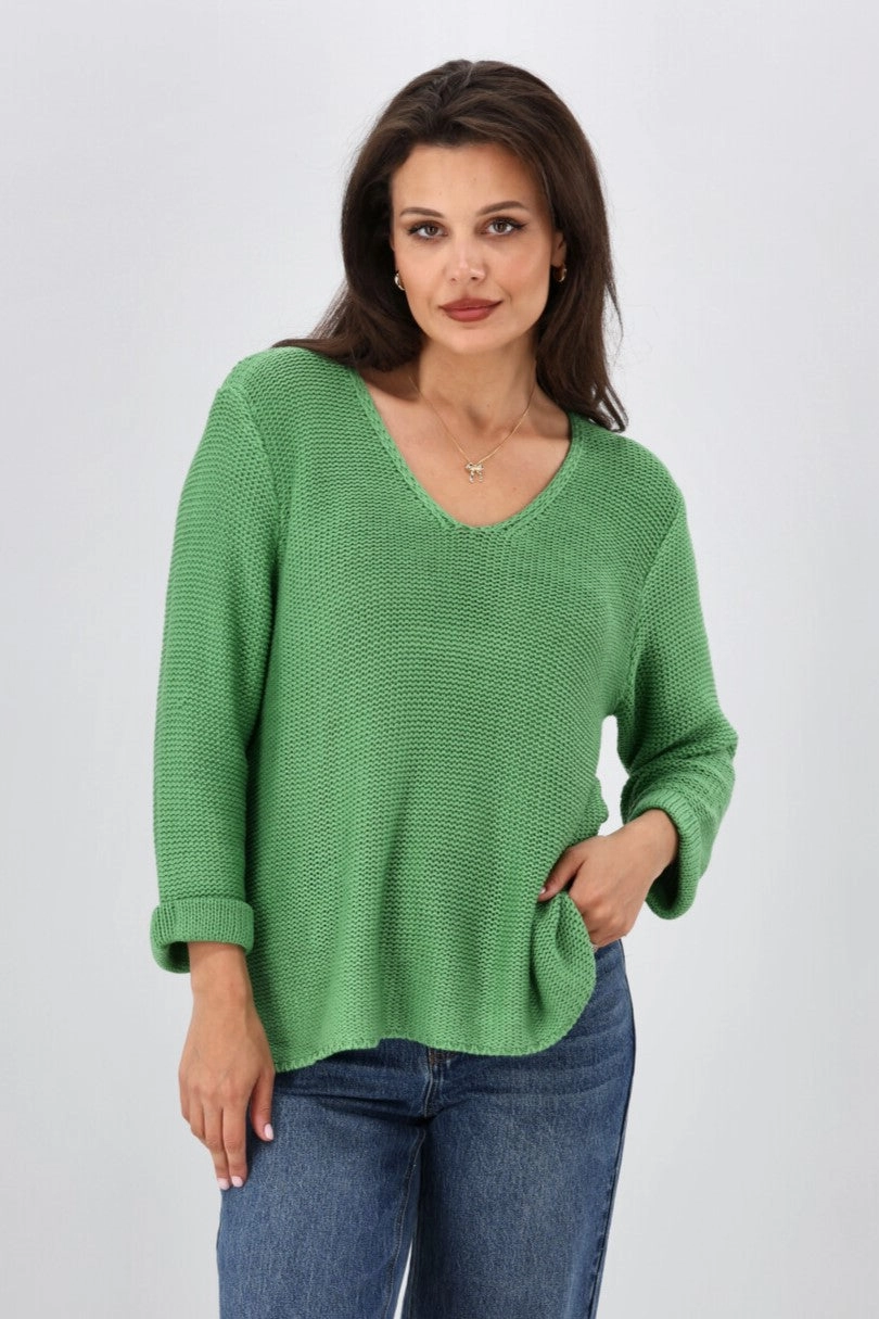 Silver Wishes Roll Up Sleeve Knit Top Green